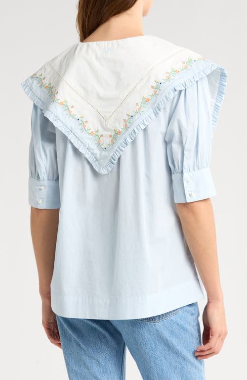 Damson Madder Summer Sandy Embroidered Collar Organic Cotton Short Sleeve Button-up Sshirt In Blue/white