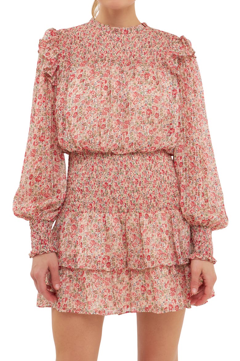 Floral Print Shirred Long Sleeve Chiffon Minidress, Alternate, color, PINK MULTI
