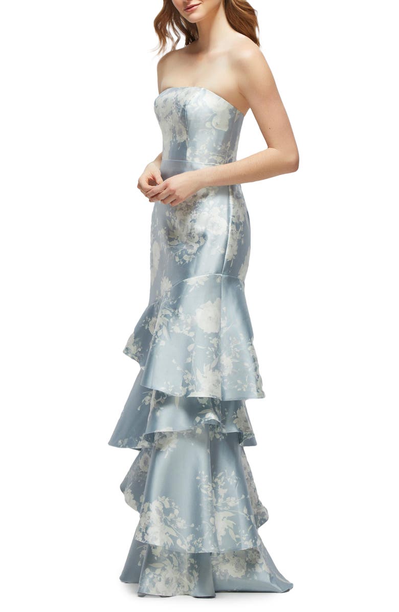 Dessy Collection Floral Ruffle Strapless Tiered Satin Twill Gown, Alternate, color, Seraphina Floral