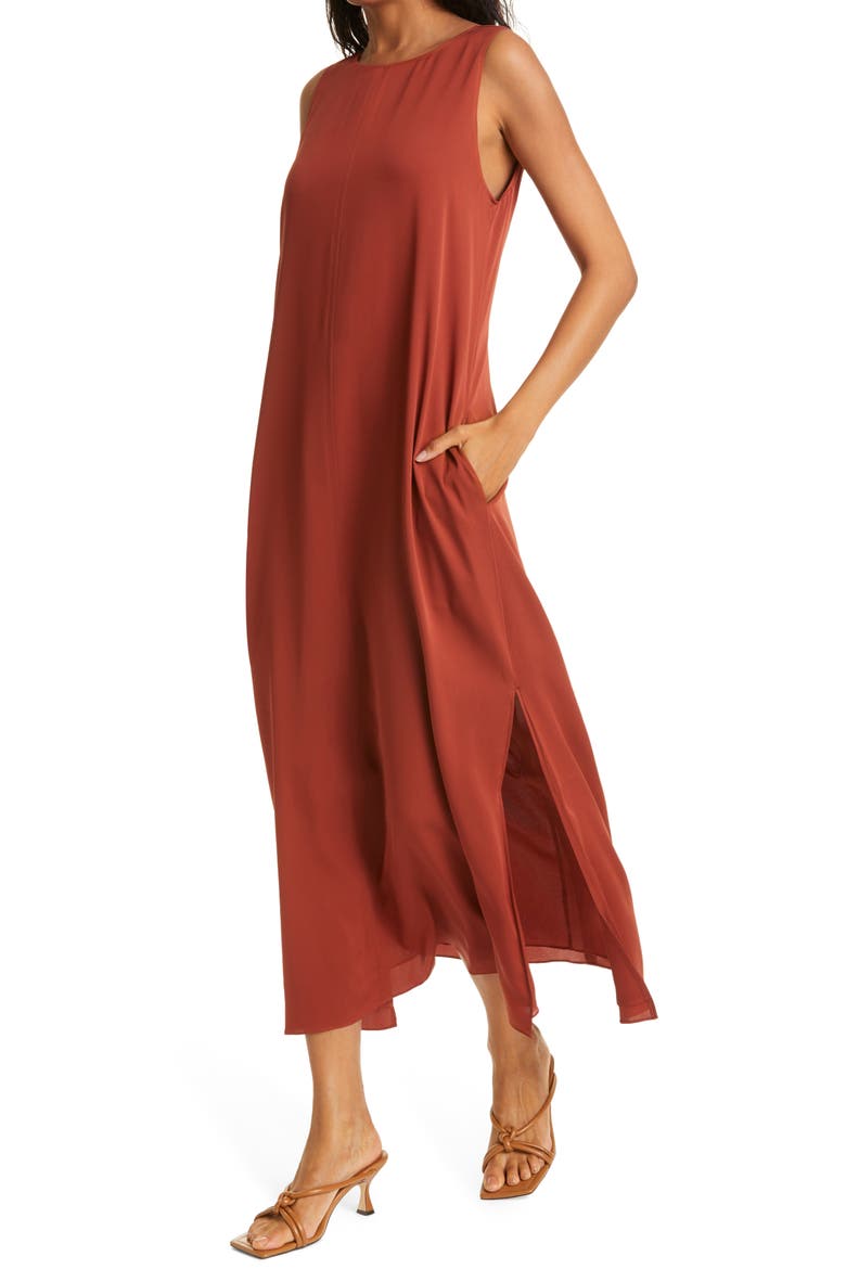Stretch Silk Tank Dress, Alternate, color, RUST HENNA