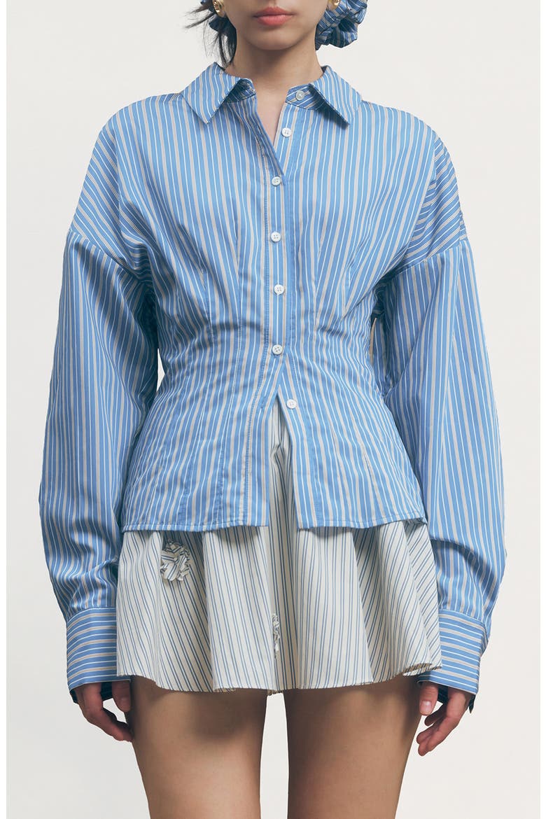 Hadley Pleated Stripe Cotton Blend Button-Up Top, Main, color, BLUE STRIPE