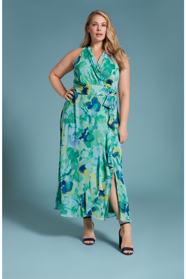 Floral Sleeveless Chiffon Maxi Dress, Alternate, color, PERI GREEN