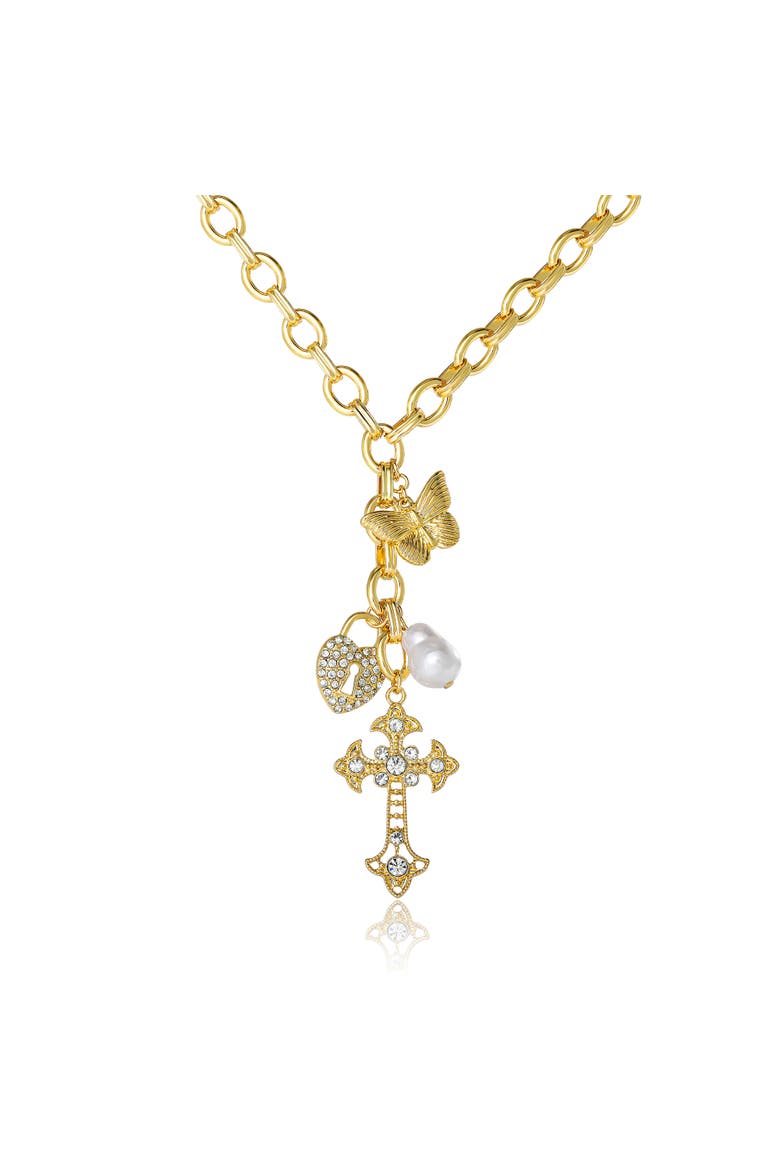 Gold-Tone Charm Link Necklace with Cross, Heart & Pearl Accents, Main, color, Gold tone