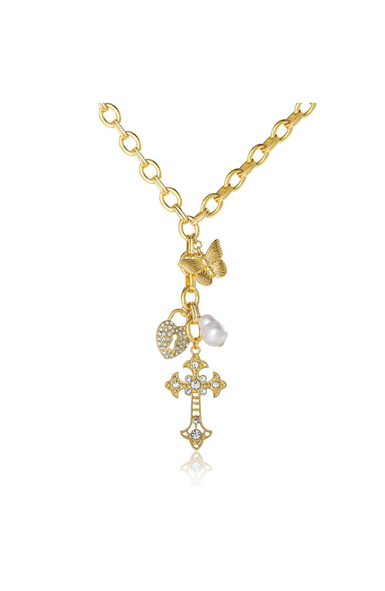 Jessica Simpson Gold-Tone Charm Link Necklace with Cross, Heart & Pearl Accents, Main, color, Gold Tone