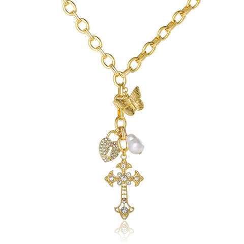 Gold-Tone Charm Link Necklace with Cross, Heart & Pearl Accents