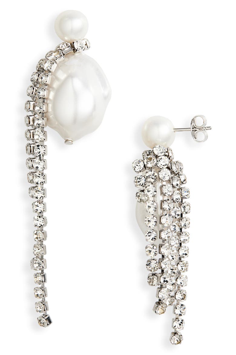 Faux Pearl & Rhinestone Drop Earrings, Main, color, RHODIUM PLATED