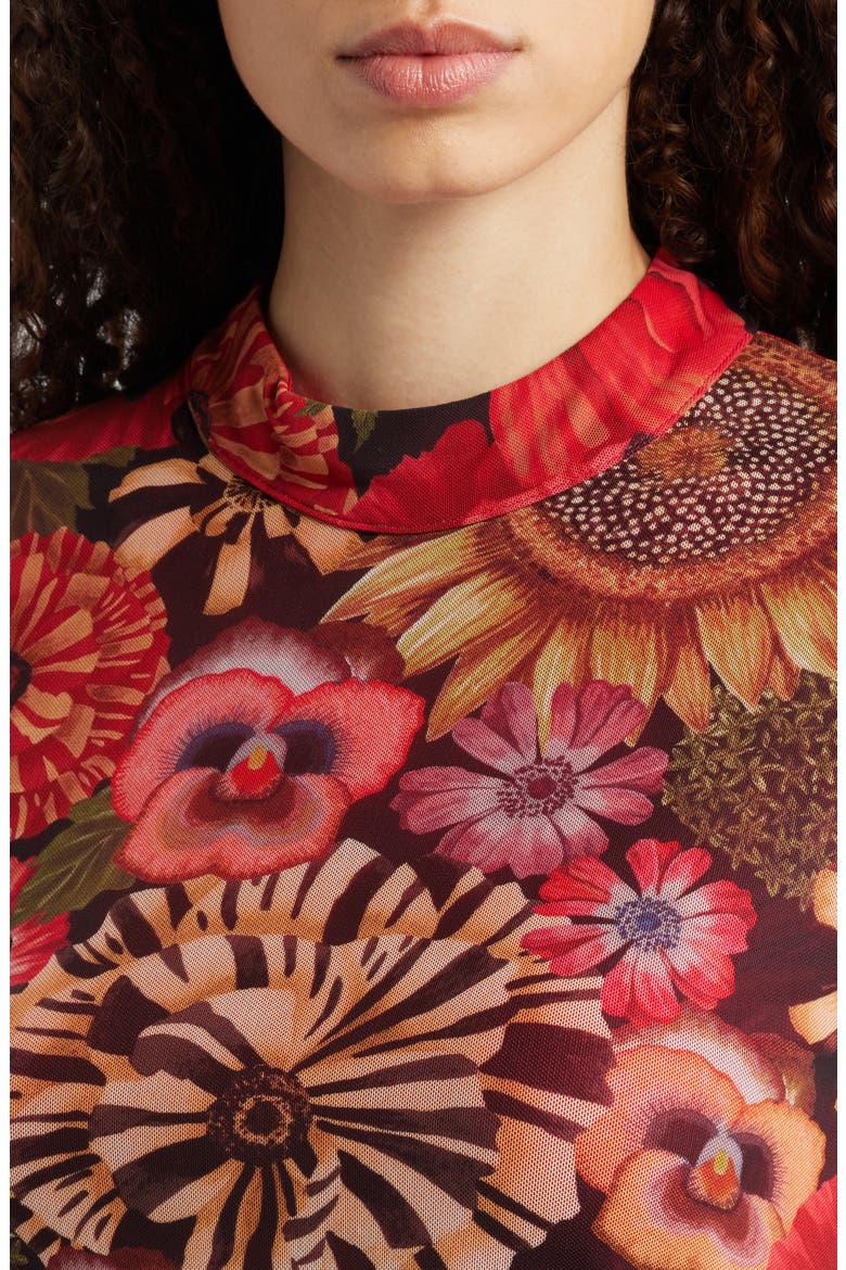 Flowershop Long Sleeve Floral Mesh Minidress, Alternate, color, RED MULTI