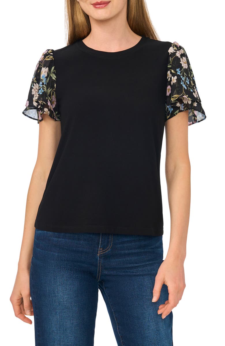 CeCe Floral Flutter Sleeve Top, Main, color, Rich Black Botanical