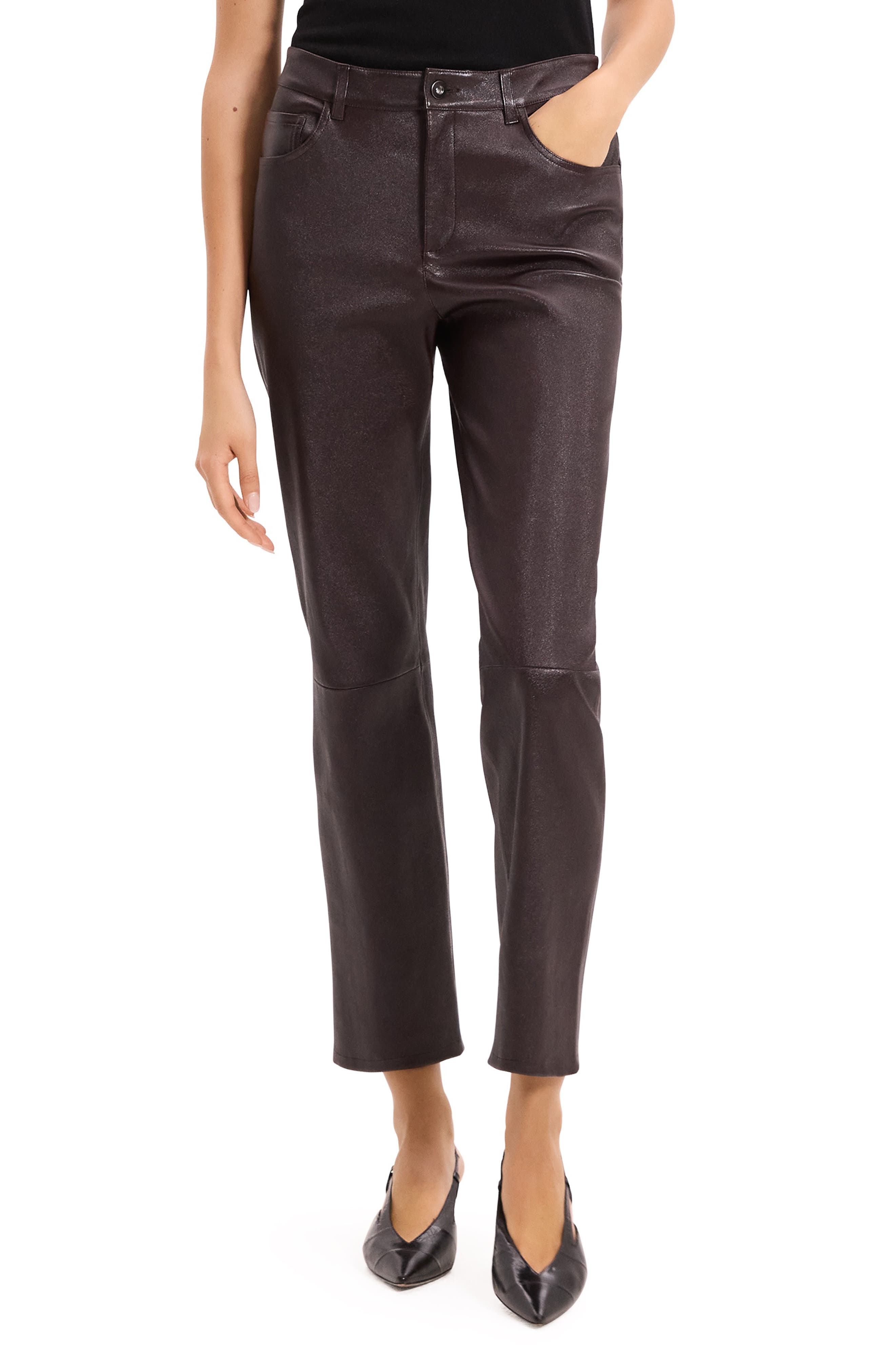 Theory Glossed Leather Straight Leg Pants