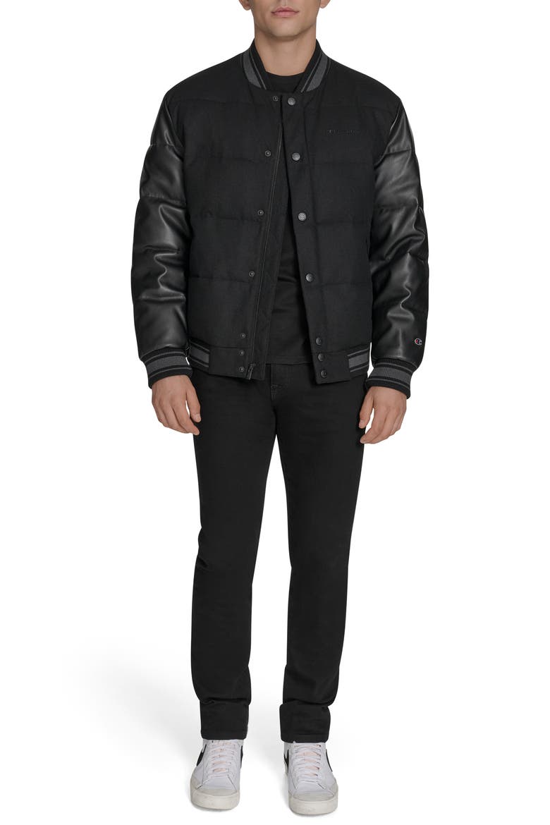 Mixed Media Varsity Puffer Jacket, Alternate, color, BLACK