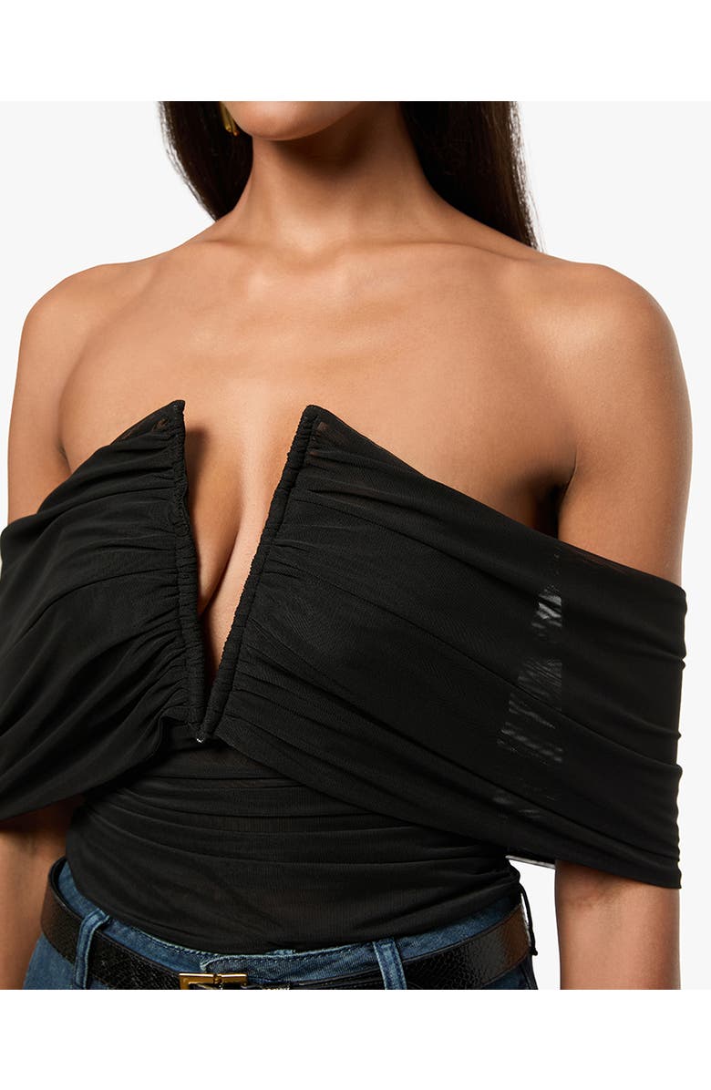 WeWoreWhat Ruched Off Shoulder Bodysuit, Alternate, color, Black