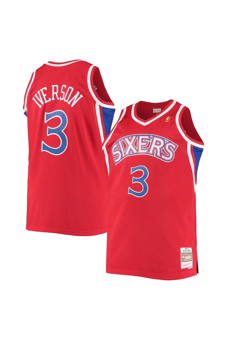 Men's Mitchell & Ness Allen Iverson Red Philadelphia 76ers 1996/97 Big & Tall Hardwood Classics Swingman Jersey, Alternate, color, Red