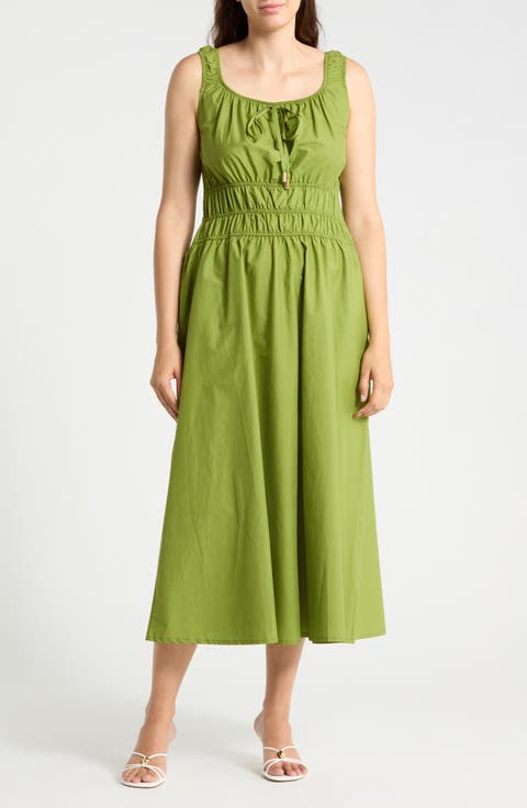 Cotton Square Neck Smocked Waist Midi Dress