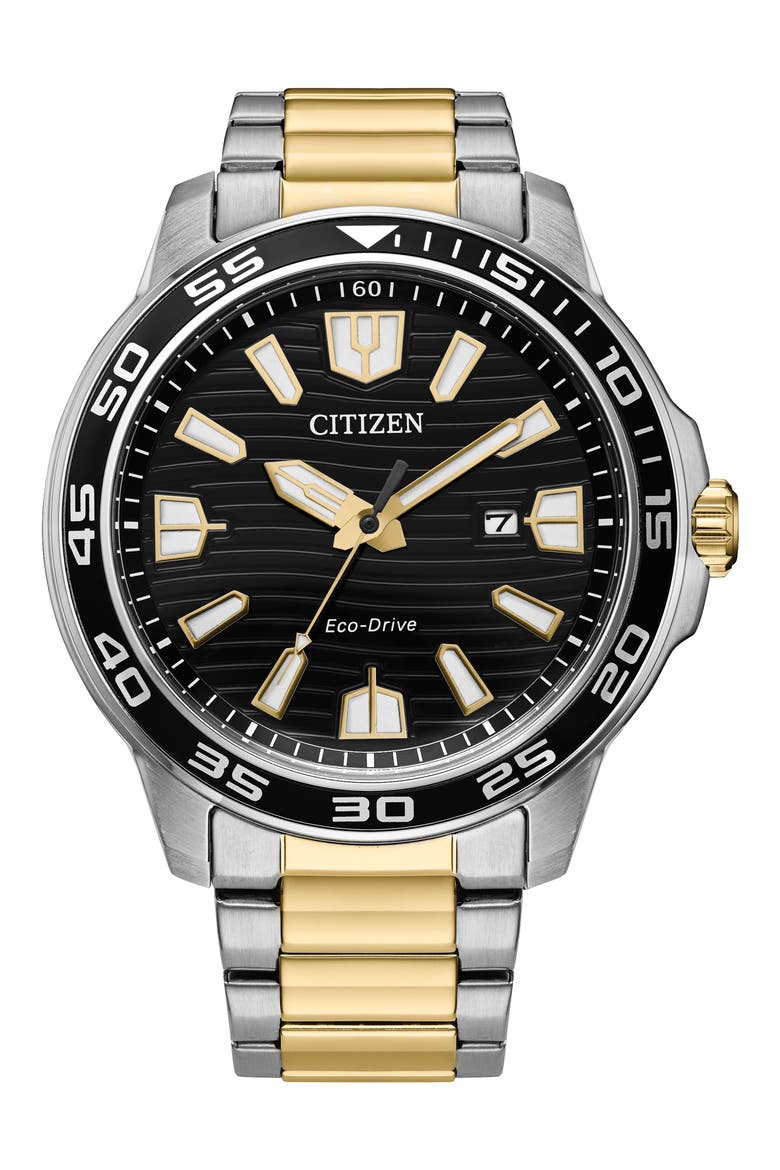 Eco Drive Three-Hand Quartz Stainless Steel Bracelet Watch, 45mm, Main, color, TWO TONE