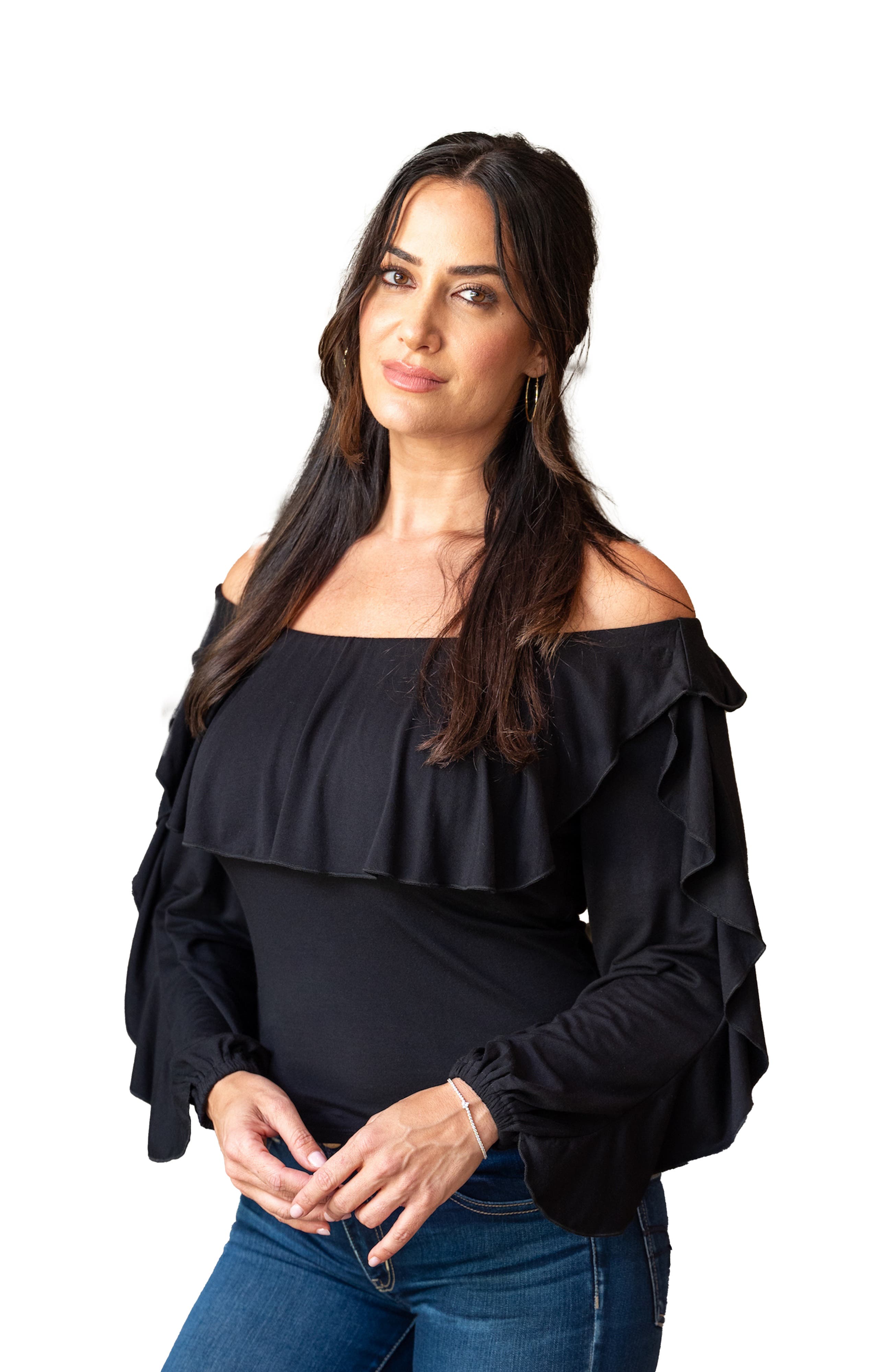 off the shoulder long sleeve ruffle top