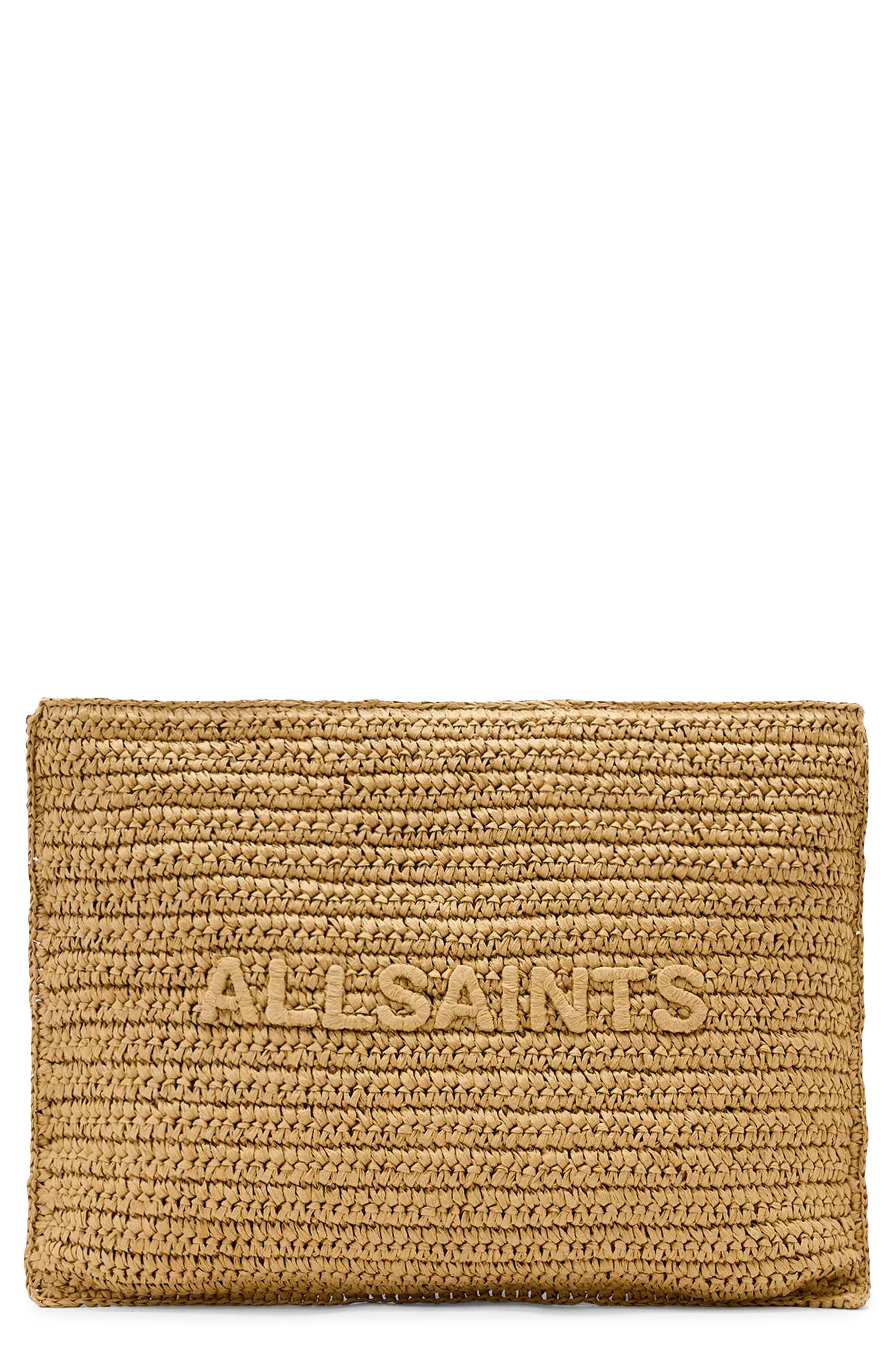 AllSaints Large Bettina Woven Clutch, Main, color, Biscuit Brown