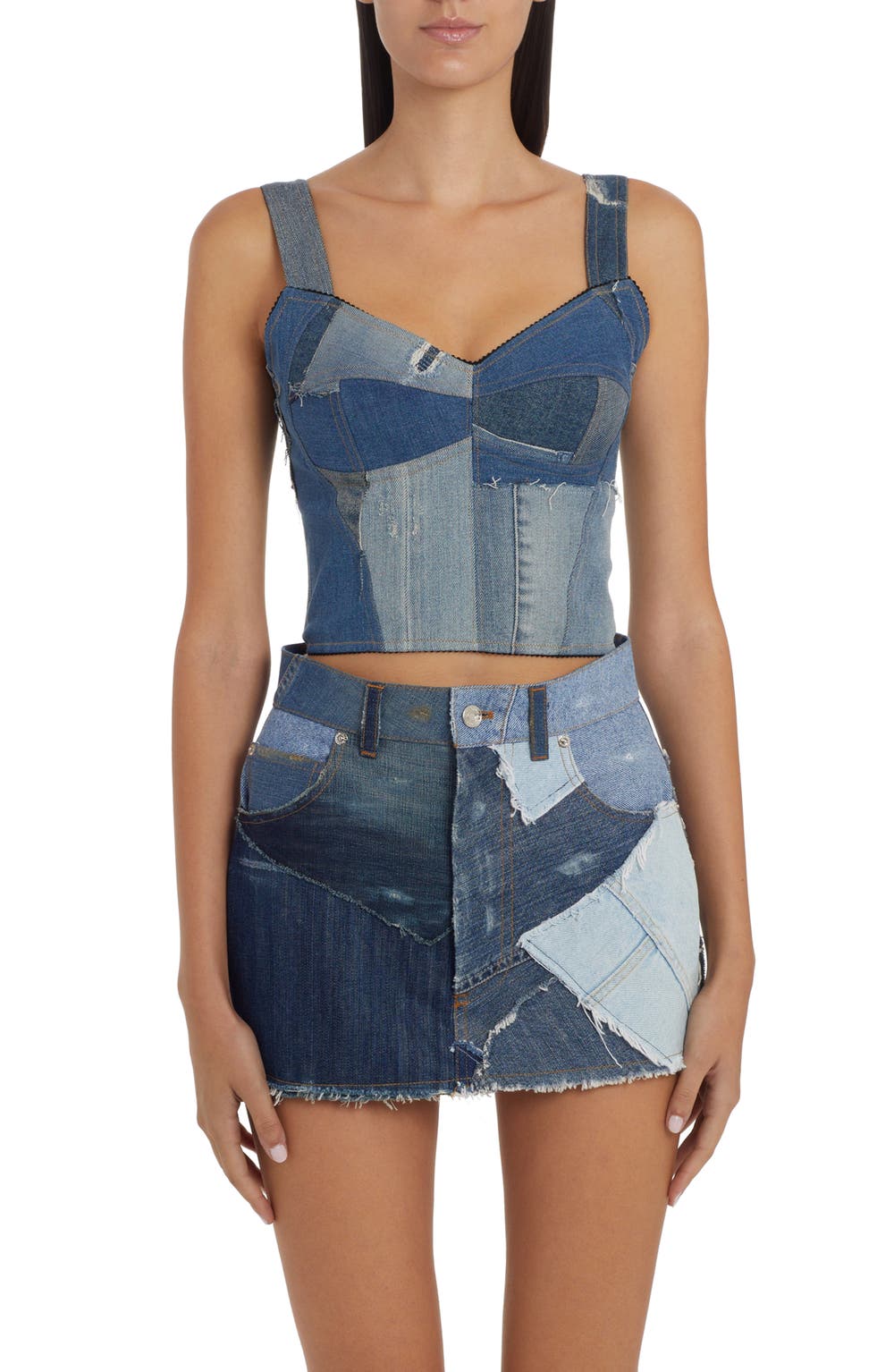 Denim Patchwork Bustier Top, color, MEDIUM BLUE