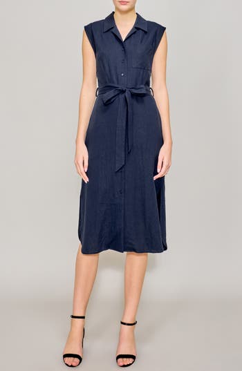 Melloday Roll Sleeve Linen Blend Midi Shirtdress In Blue