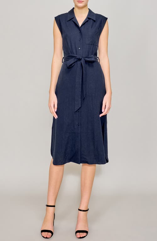 Melloday Roll Sleeve Linen Blend Midi Shirtdress In Navy
