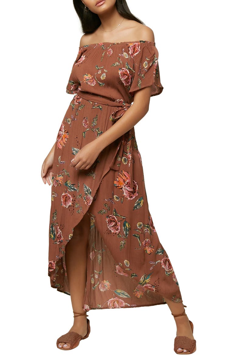 Conners Off the Shoulder Midi Dress, Main, color, COGNAC