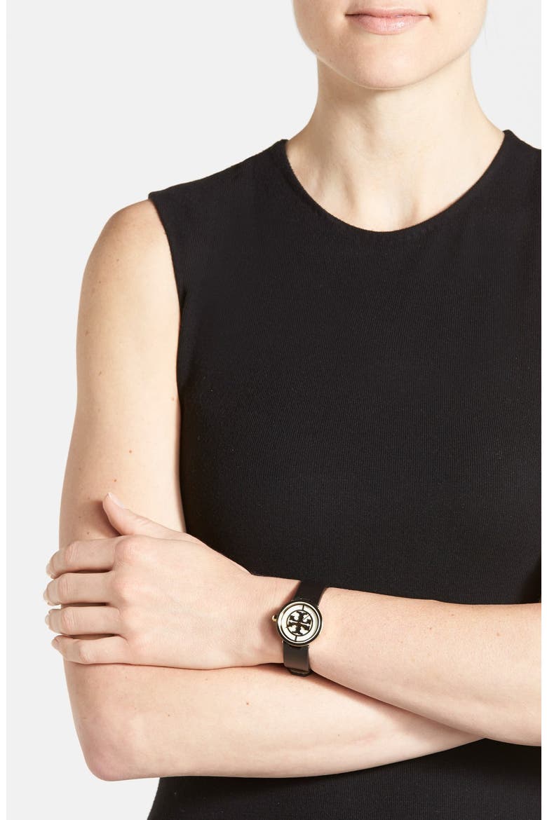 'Reva' Logo Dial Leather Strap Watch, 28mm, Alternate, color, BLACK/ GOLD
