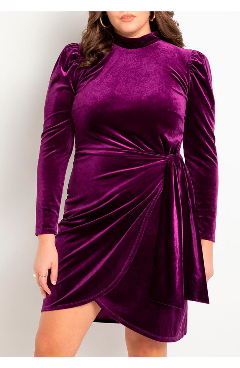 ELOQUII Velvet Mini Dress with Wrap Skirt, Alternate, color, Totally Black