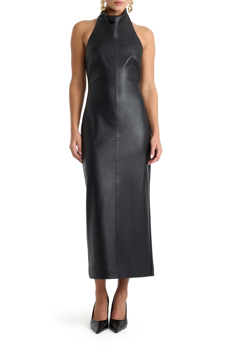 Gina Faux Leather Halter Midi Dress, Main, color, BLACK
