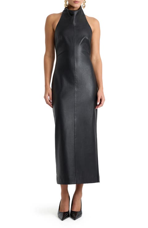 Gina Faux Leather Halter Midi Dress