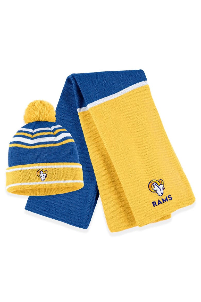 Women's WEAR by Erin Andrews Royal Los Angeles Rams Colorblock Cuffed Knit Hat with Pom and Scarf Set, Main, color, Royal