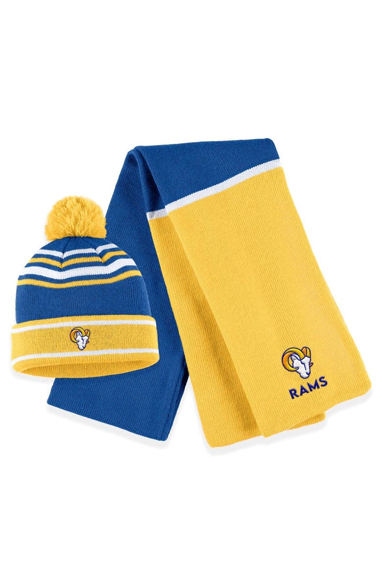 WEAR by Erin Andrews Women's WEAR by Erin Andrews Royal Los Angeles Rams Colorblock Cuffed Knit Hat with Pom and Scarf Set, Main, color, Royal