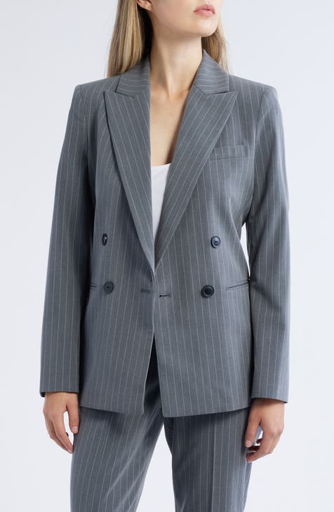 Tahari ASL Grey White Pinstripe Two Button Notched Blazer Jacket 2024 Women's Size 6