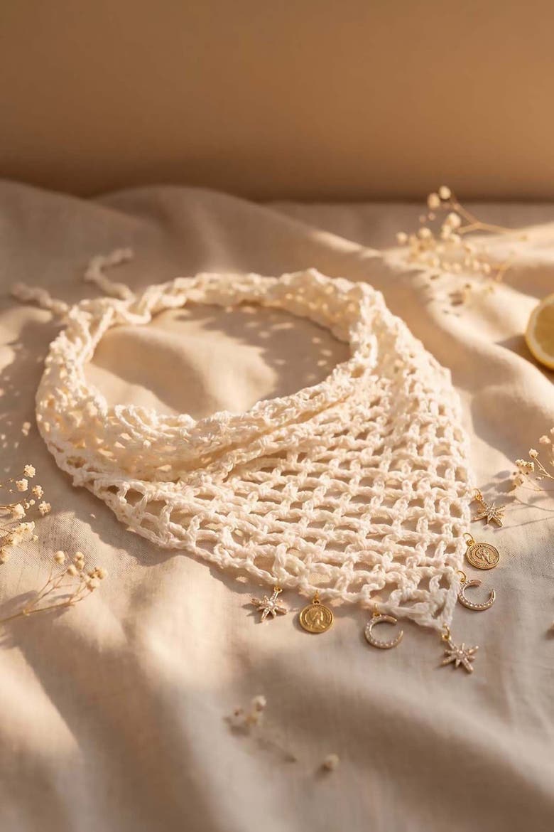 Bohemian Crochet Headscarf with Celestial Charms, Alternate, color, Ivory