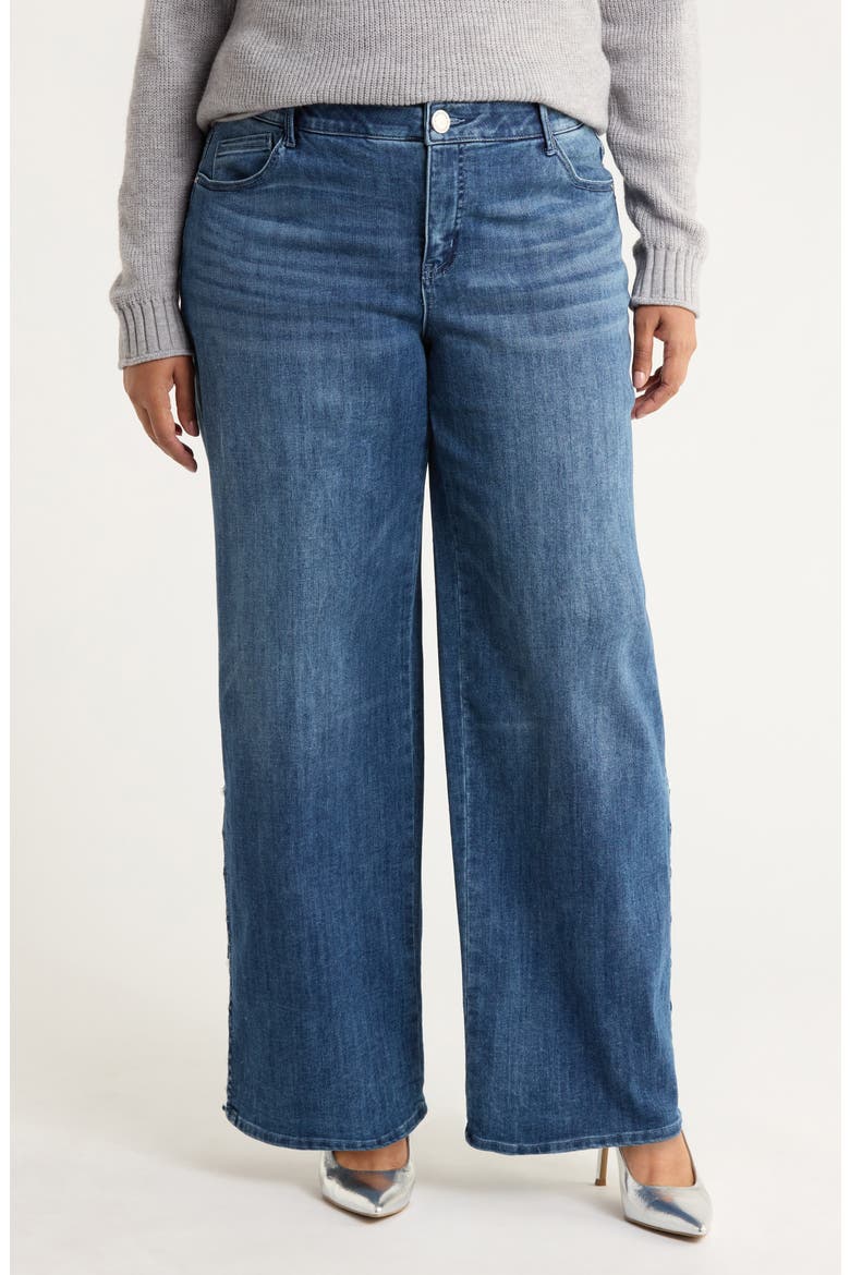 Sam High Waist Faux Pearl Detail Wide Leg Jeans, Main, color, BLUE