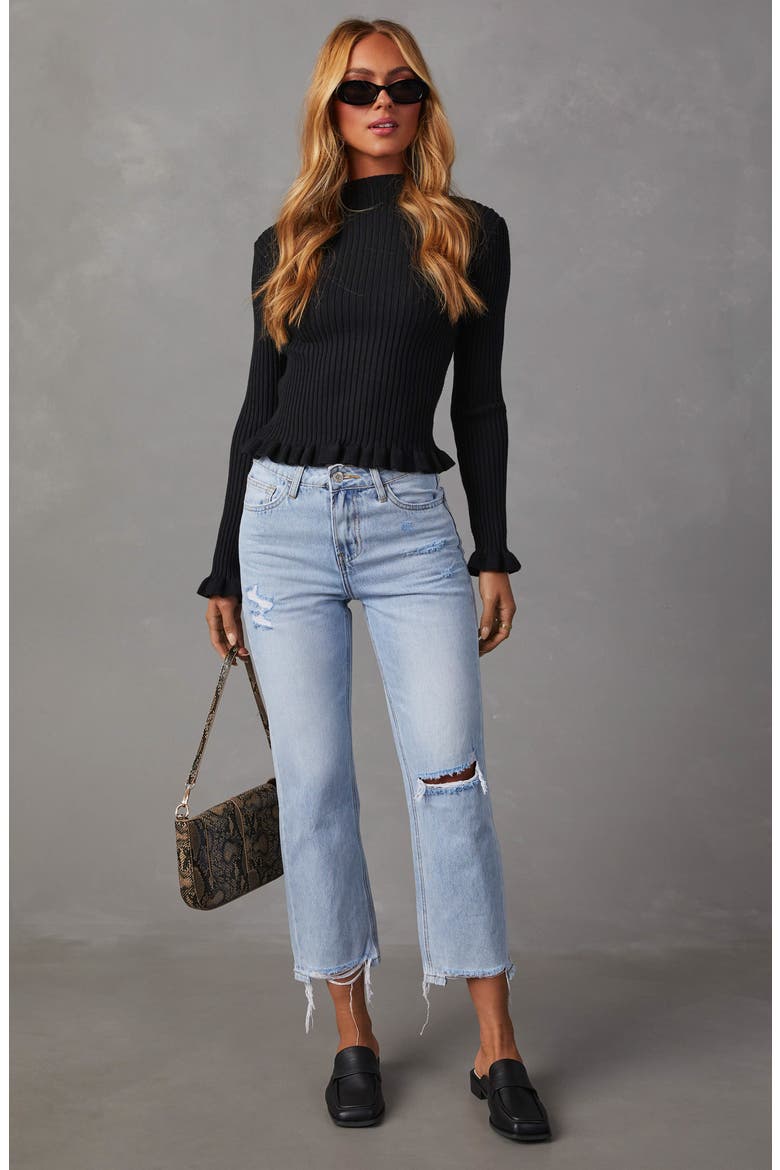 Bevelle Rib Ruffle Accent Mock Neck Sweater, Alternate, color, BLACK