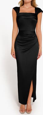 Popilush Liquid Metallic Fabric Off Shoulder Shine Ruched Sculpting Maxi Shapewear Dress