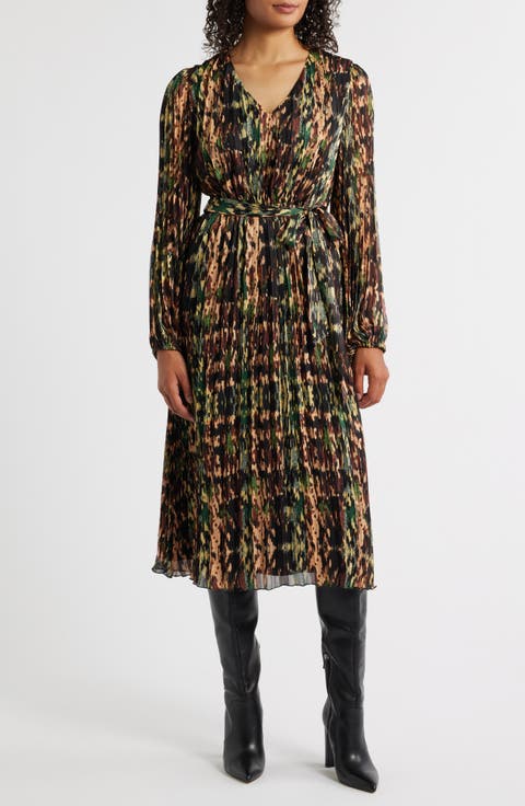 Metallic Plissé Long Sleeve Midi Dress