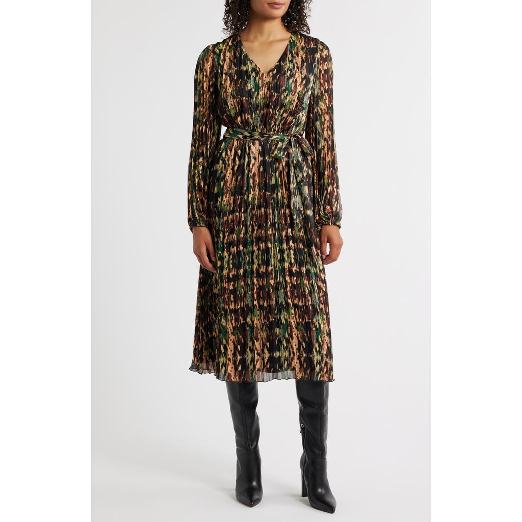 Sam Edelman Metallic Plissé Long Sleeve Midi Dress In Multi