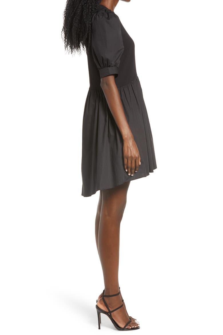 Mixed Media Puff Sleeve Dress, Alternate, color, BLACK