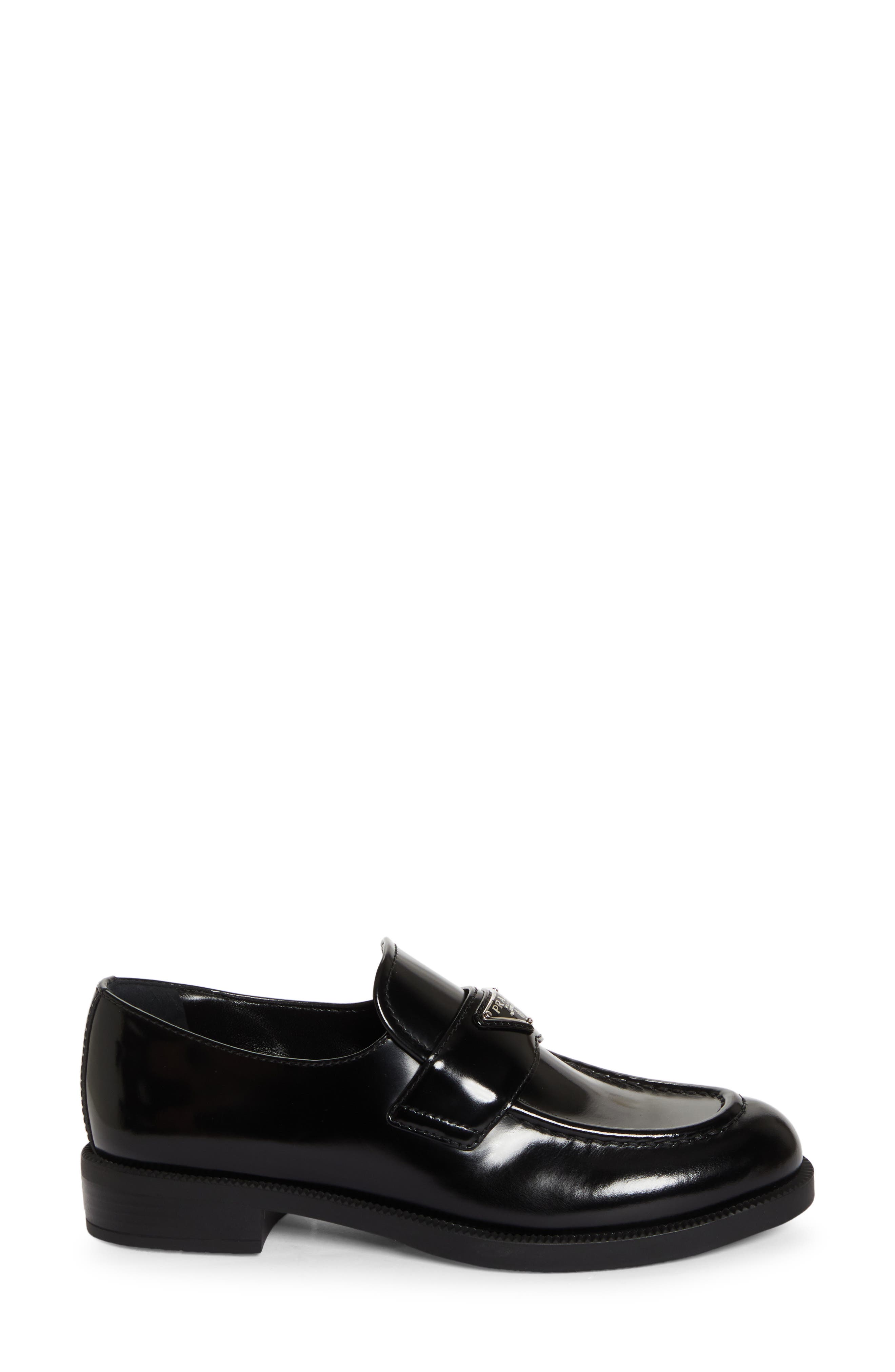 Prada Triangle Logo Patent Leather Loafer, Alternate, color, Nero