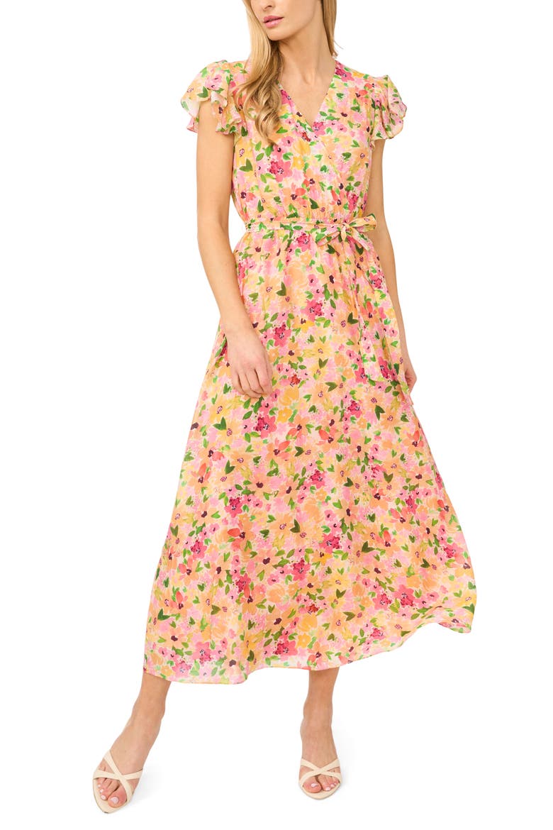 Floral Flutter Sleeve Tie Belt Maxi Dress, Main, color, CLARET RED