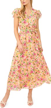 CeCe Floral Flutter Sleeve Tie Belt Maxi Dress