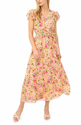 Floral Flutter Sleeve Tie Belt Maxi Dress