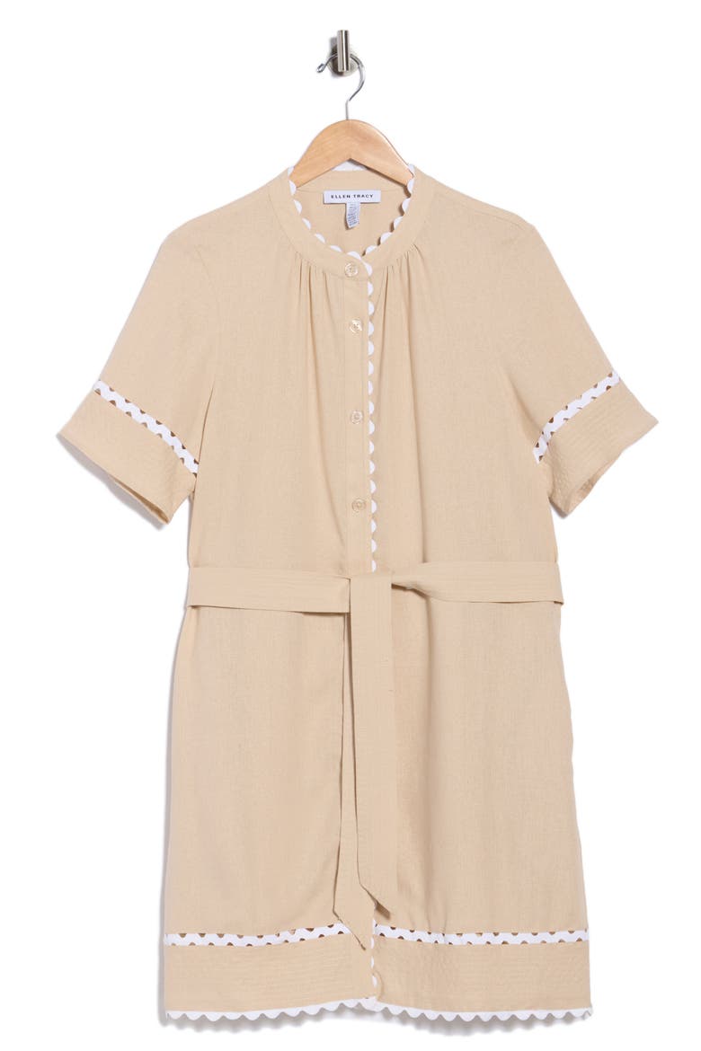Rickrack Trim Short Sleeve Shirtdress, Alternate, color, LINEN