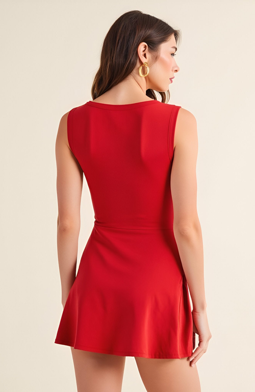 Modenaire Sleeveless Active Romper With Side Tie Skirt Overlay And Crew Neckline In Red
