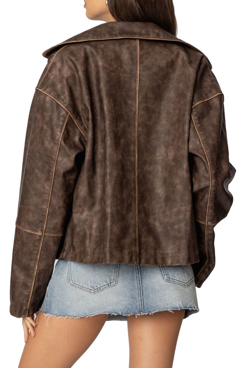 Oversized Washed Faux Leather Jacket, Alternate, color, BROWN-WASHED