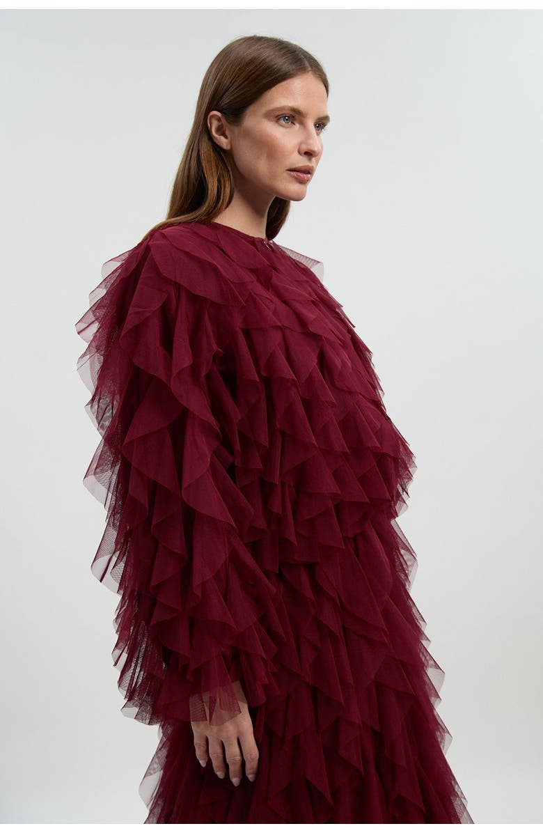 Karen Millen Tulle Ruffle Detail Woven Jacket, Alternate, color, Cabernet
