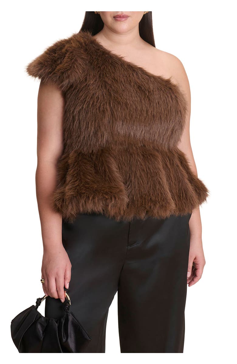 ELOQUII Faux Fur Peplum Top, Main, color, Brown