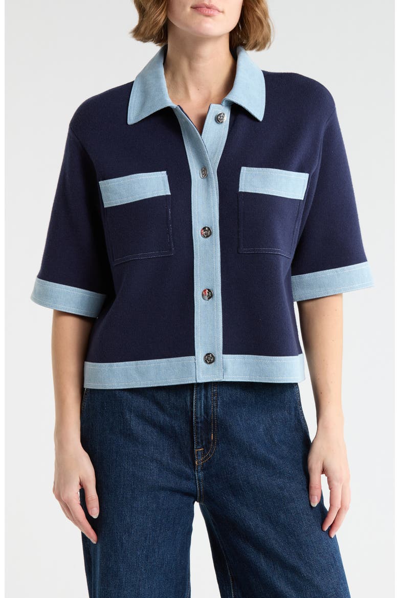 Denim Trim Short Sleeve Cardigan, Main, color, NANETTE NAVY/ LIGH DENIM