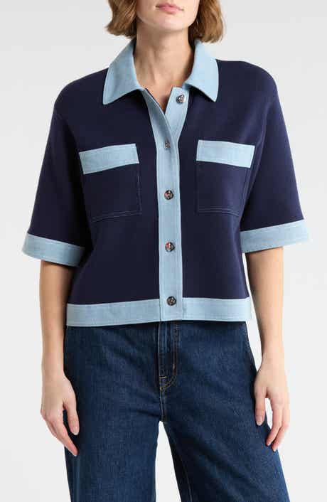Nanette Lepore Denim Trim Short Sleeve Cardigan