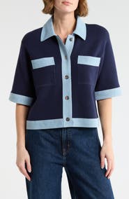 Nanette Lepore Denim Trim Short Sleeve Cardigan